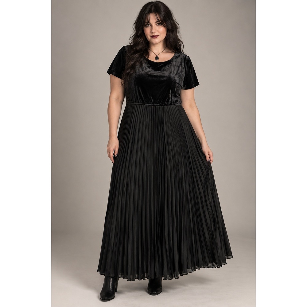 Dark Romantic Evening Witchy Velvet Pleated Maxi Dress 16 Black Short Sleeve